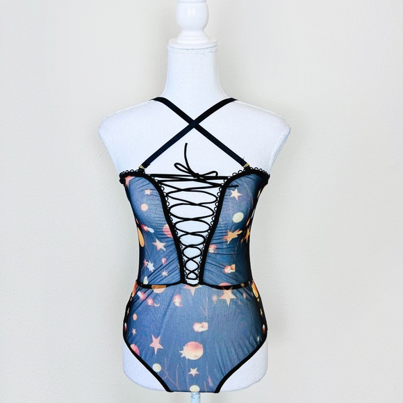 NWT Black Moon Star Chain Pattern Lace Up Mesh Strappy Rave Lingerie Bodysuit - Picture 2 of 11